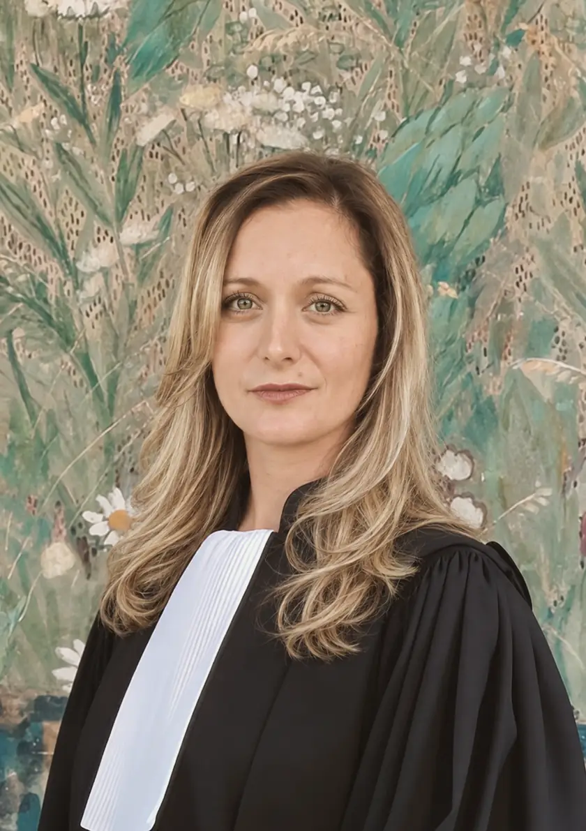 Samantha Guinard, avocate d'affaires au Barreau de Chambéry, en robe devant une fresque fleurie